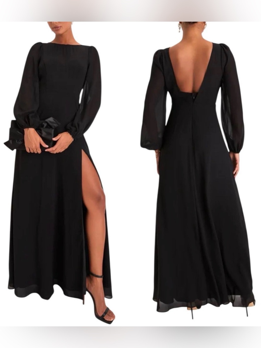 NWOT Lulus Prestigious Poise Black Long Sleeve Chiffon Maxi Gown Dress